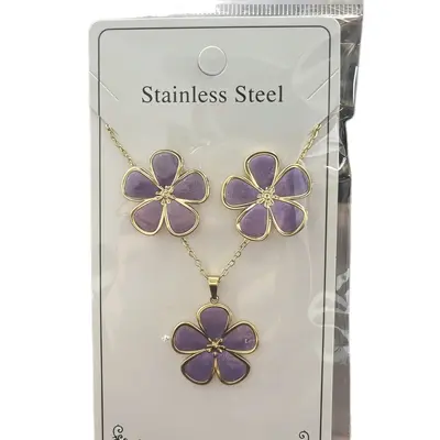 Flower and Water Drop Enamel Earring and Necklace Set, Stainless Steel