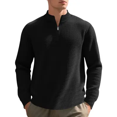 Cross-border independent station autumn and winter American plain everyday men's loose jacquard stand collar half-zip inner shirt sweatshirt for men