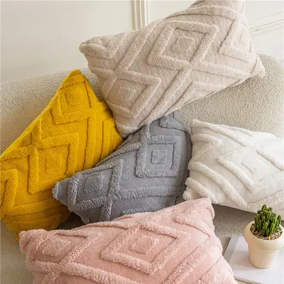 Diamond-patterned grid plush pillowcase modern minimalist home decor cushion cover living room solid color sofa pillow cushion - 4