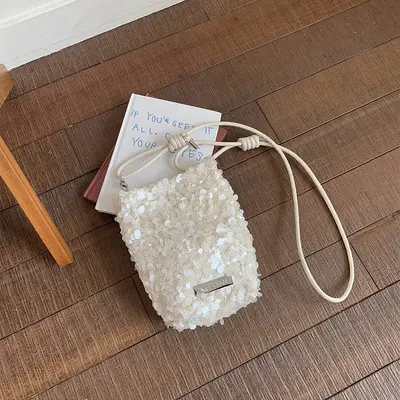 Kadın Payetli Tek Omuz Çantası, Dokulu, Kore Tarzı