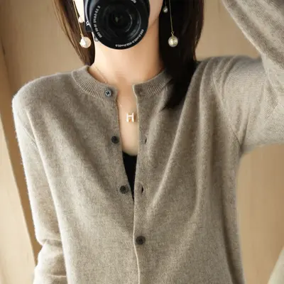 Women's OL Style Elegant Long-Sleeve Round Neck Straight-Cut Knit Cardigan Sweater - 13