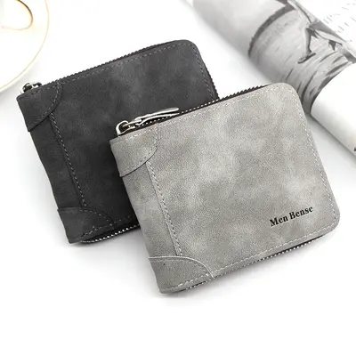 Men's Short Zip Bi-Fold Wallet, Retro Matte PU, Coin Pocket - 4