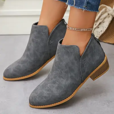 Pointed-Toe Back Zip Short Martin Boots Women's Plus Size Genuine Leather - 8
