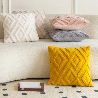 Diamond-patterned grid plush pillowcase modern minimalist home decor cushion cover living room solid color sofa pillow cushion - 3
