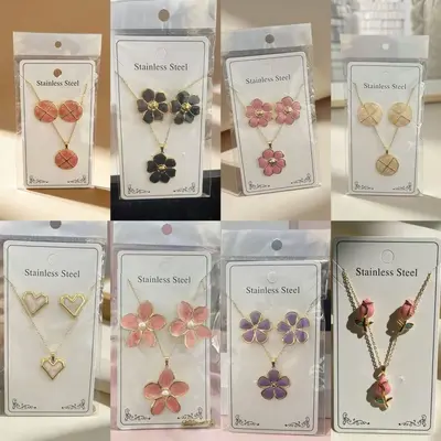 Flower and Water Drop Enamel Earring and Necklace Set, Stainless Steel