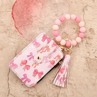 Floral PU Leather Women's Card Holder Wallet with Silicone Bead Bracelet