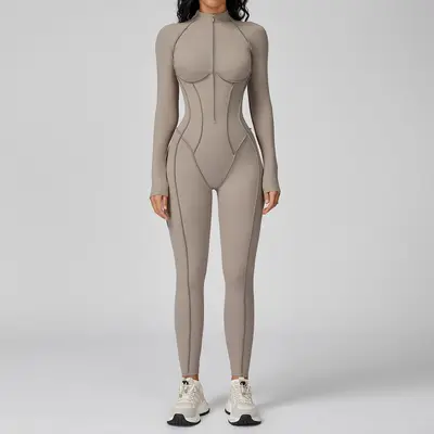 Women's Stand Collar Half-Zip One-Piece Fitness Suit, Vertical Stripes, High-Intensity Tra - 9