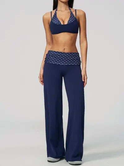 Women's Fitness Set: Contrast Color Open-Back Bra and Wide-Leg Yoga Pants
