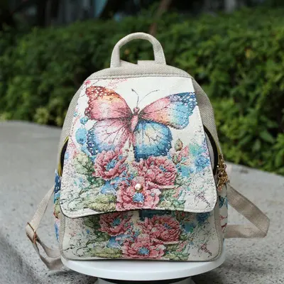 Women's Ethnic Embroidered Canvas Backpack with Gold Thread Embroidery - 12