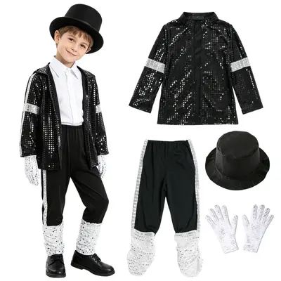 MJ Michael Jackson Cosplay Kostüm Seti, Çocuk ve Yetişkin, Step Dansı - 3