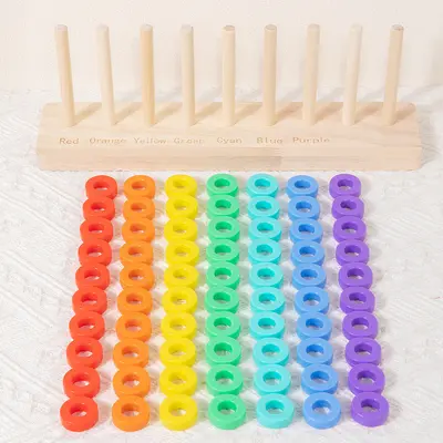 Wooden Seven-Color Sorting and Ring Toss Game, Early Education Toy