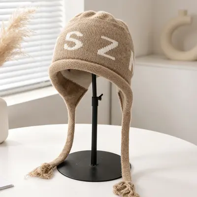 Letter-Design Knit Hat for Women, Windproof with Tassel and Ear Protection - 10