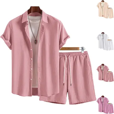 Men's Short-Sleeve Shirt and Shorts Set, Solid Color, Summer - 3
