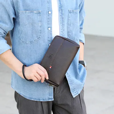 Men's Clutch Bag with Combination Lock, Litchi Grain Soft Leather - 7