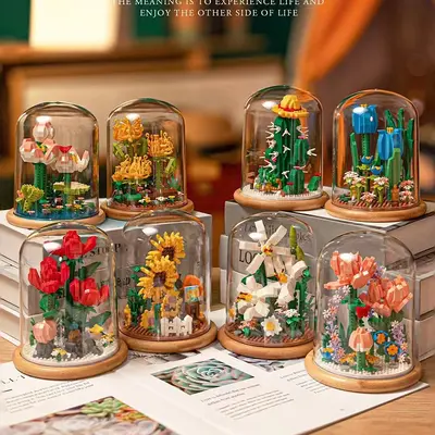 Viral Hot-Selling Home Decor Figurine Small Toy Assembly Building Blocks Micro Particle Building Blocks Sunflower Everlasting Flower Glass Dome