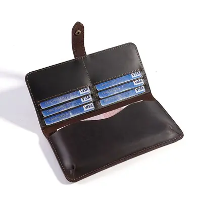 Men's Vintage Crazy Horse Leather Long Wallet, Tri-Fold, Genuine Leather, Cowhide - 10