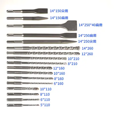 Chisel Set for Electric Hammers, Flat and Round Tips, Reinforced Concrete Drill Bits