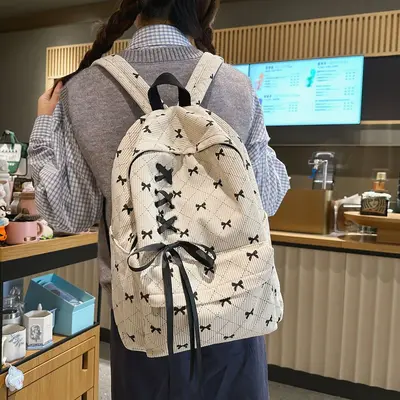 Corduroy Bow Backpack for Women and Students