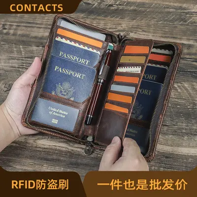 Siyah Melek RFID anti-manyetik seyahat aile pasaportu kozmetik çantası çok fonksiyonlu fermuarlı bilek kayışı ile hakiki deri pasaport çantası