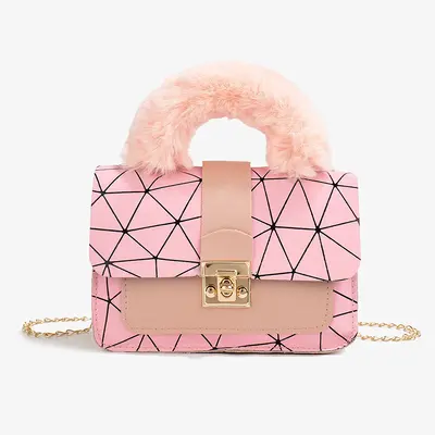 Women's Chain Handbag, Geometric Print Plush, Small Square Design - 9