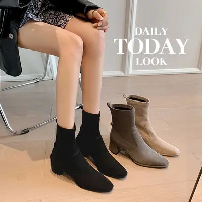 Women's Chunky Heel Stretch Suede-Look Short Boots, Slim Fit