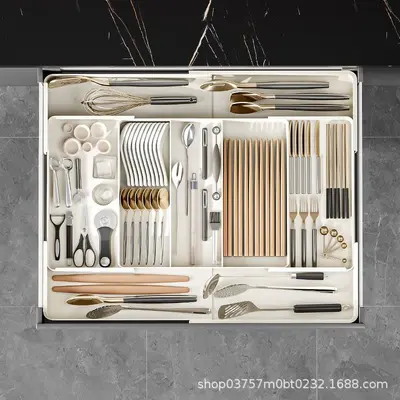 Küchenschubladeneinteilung Aufbewahrungsbox, ausziehbarer Schrank Mehrzweck-Trennbox, Besteckorganizer für Messer, Gabel, Löffel und Stäbchen.