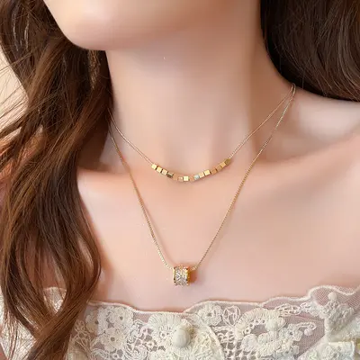 Çift Katmanlı Zincir Kolye Kadın 2026 Yeni Model Hafif Lüks Niş Titanyum Çelik Collarbone Zincir Şık Ağ Ünlü Aynı Stil Boyun Zinciri - 7