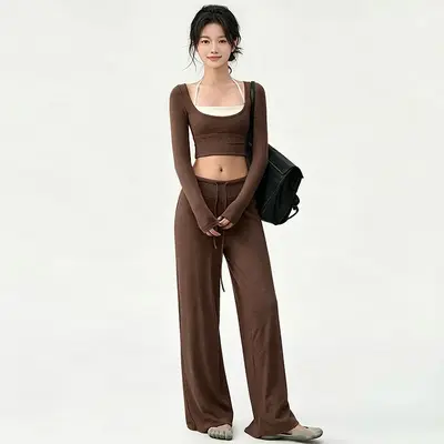 Damen-Yogahose mit weitem Bein und Langarm-Sportset - 12