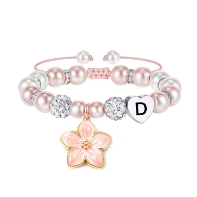 Children's Day Gift Pink Pearl Heart Cherry Blossom Bala Bead Bracelet - 9