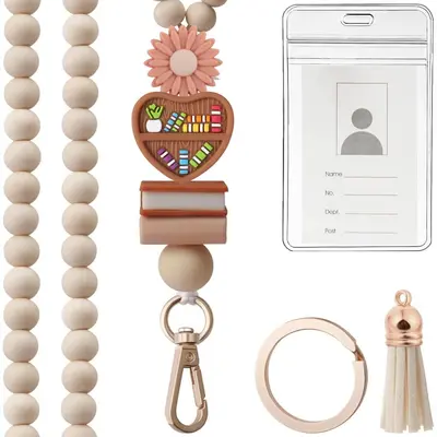 Wooden Bead Tassel Keychain and ID Badge Neck Lanyard