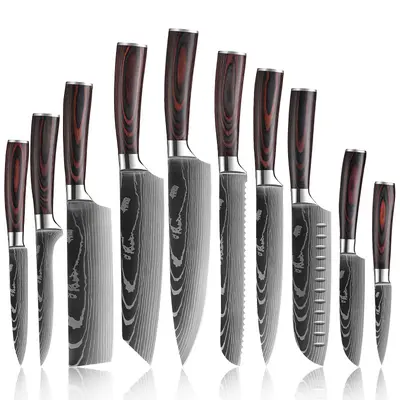 Damascus Pattern Stainless Steel Kitchen Knife Set with Chef and Santoku Knives