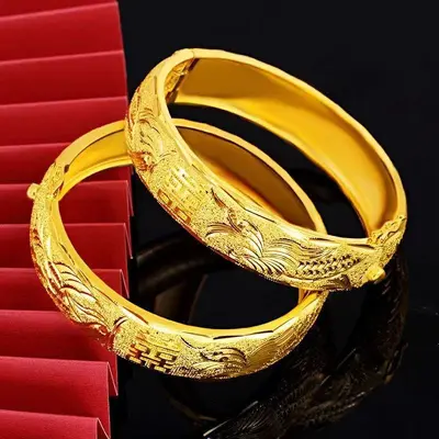 真金电镀结婚手镯开口宽版双喜龙凤镯子高仿金女新娘婚庆金猪吊牌 - 8