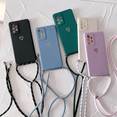 Crossbody Protective Case for Samsung A51/A71 and S21FE with Small Gold Heart Charm, Fits