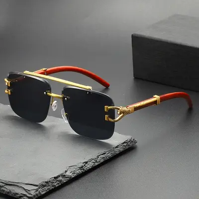 Wood Grain Leopard Head Sunglasses, Double Bridge Square Frameless, Sun Protection - 7