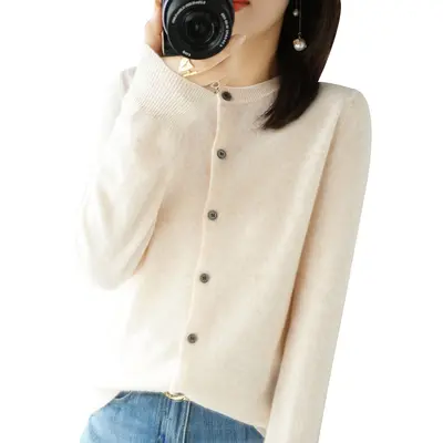 Women's OL Style Elegant Long-Sleeve Round Neck Straight-Cut Knit Cardigan Sweater