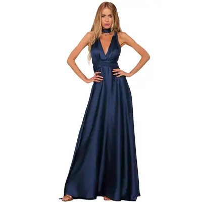 Women's Satin Long Evening Dress, Deep V-Neck, Solid Color, Summer