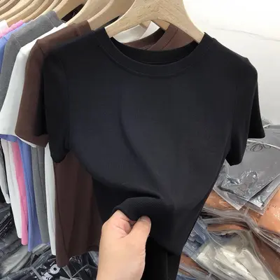 2026 summer new style ribbed round neck slim fit women's t-shirt, short sleeve versatile solid color basic t-shirt top - 7