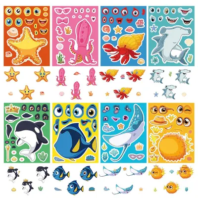 8 Sheets Ocean Animal Face Stickers for Kids DIY Collage