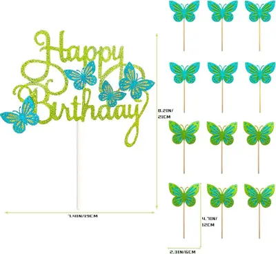 13 pcs Gold Glitter Butterfly Happy Birthday Cake Topper Set - 12