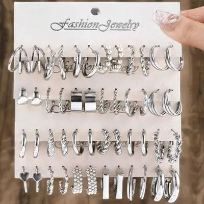 欧美C形金属纹理高级感个性耳圈女复古麻花耳环套装6件套earrings