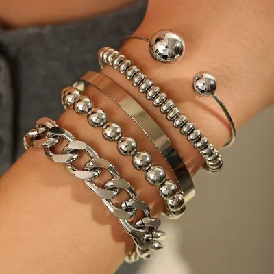 3er-Set geometrische mehrschichtige Wickel-Damenarmband im Punk-Stil - 11