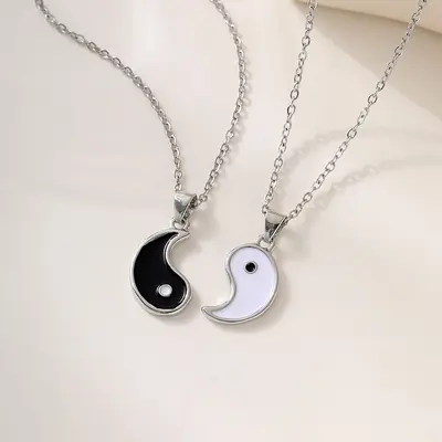 Yin Yang Tai Chi Couple Necklace and Bracelet Set, Black and White