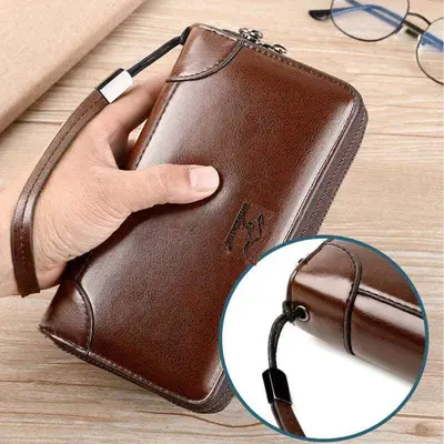 Men's Soft Leather Clutch Wallet with Anti-Theft Protection, Double Zip - 5