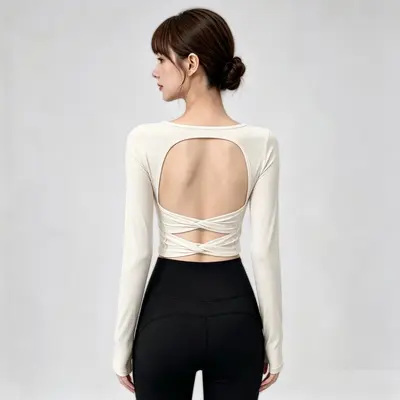 Yoga-Oberteil mit Rückenfrei, Langarm, mit Bustier-Pad