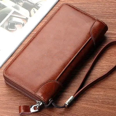 Men's Long Retro Wallet, Double Zipper, Phone Compartment - 7