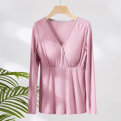 Long Sleeve Cross-Front Nursing Top, Postpartum Home Wear - 9