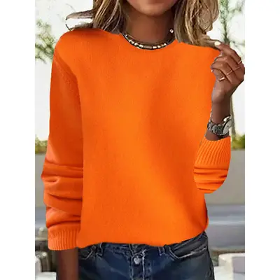 Women's Round Neck Long Sleeve Thin Knit Sweater, Solid Color - 8