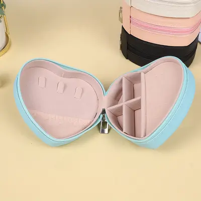 Heart-shaped products travel jewelry necklace earring ring green storage box zipper bag jewelry box storage box ready for sale