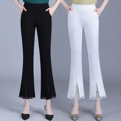 Damen-High-Waist-Hose mit weitem Bein, Weiß, elastisch