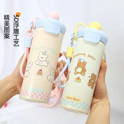 Cute Animal Design Stainless Steel Insulated Straw Cup with Strap for Students and Childre - 4